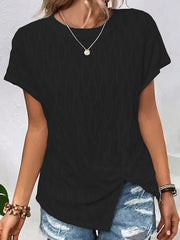 Jacquard Solid Color Split-Front Batwing Sleeves Loose Round-Neck T-Shirts Tops