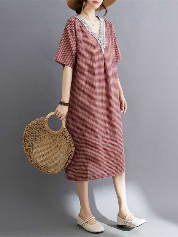 Plaid Pleated Split-Joint A-Line Half Sleeves V-Neck Midi Dresses