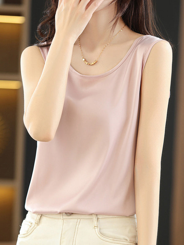Solid Color Loose Sleeveless Round-Neck Vest Top