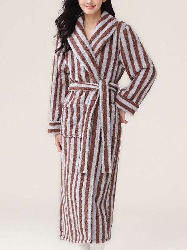 Split-Joint Striped Tied Waist Long Sleeves Loose Lapel Robes