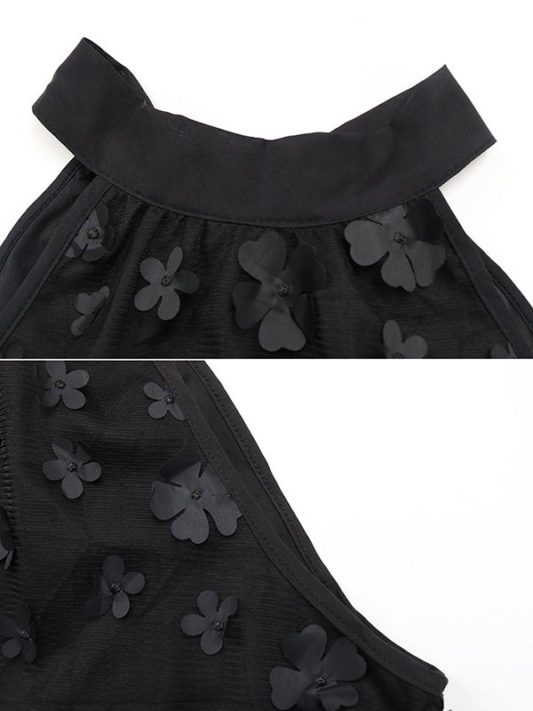 Applique Gauze Lace-Up Solid Color Split-Joint Loose Sleeveless Halter-Neck Vest Top Blouses&Shirts Tops