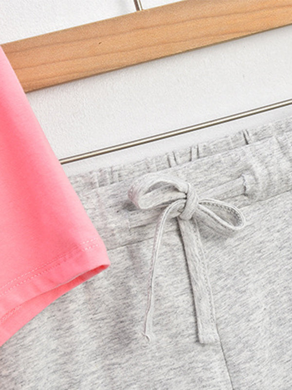 Contrast Color Printed Short Sleeves Round-neck Two Pieces Pajama Set