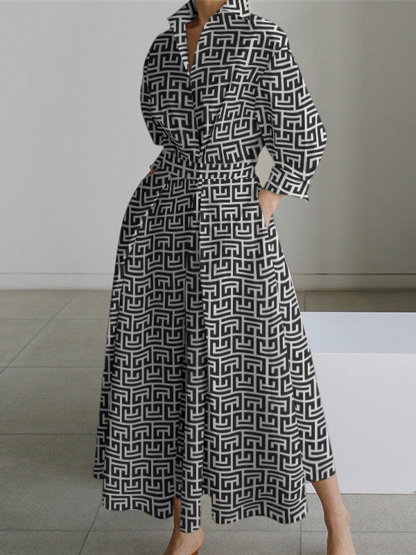 Pleated Printed Tied Waist Long Sleeves Loose Lapel Shirt Dress
