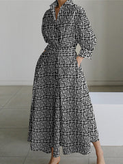 Pleated Printed Tied Waist Long Sleeves Loose Lapel Shirt Dress