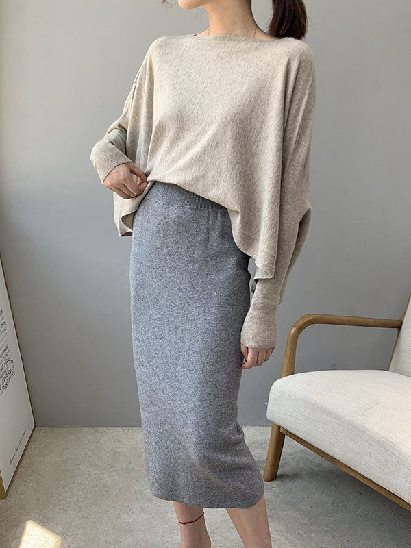 Solid Color Batwing Sleeves High-Low Boat Neck Sweater Pullovers Knitwear