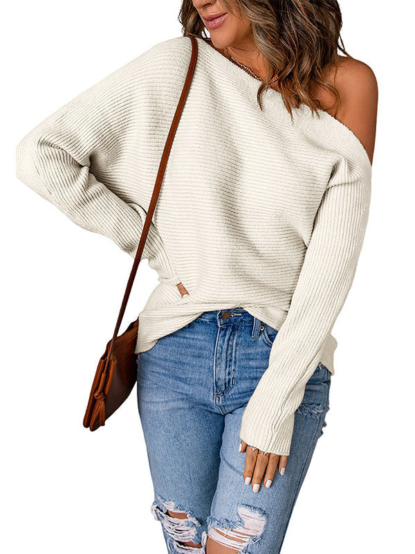 Asymmetric Solid Color Long Sleeves Loose One-Shoulder Sweater Tops Pullovers
