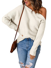 Asymmetric Solid Color Long Sleeves Loose One-Shoulder Sweater Tops Pullovers
