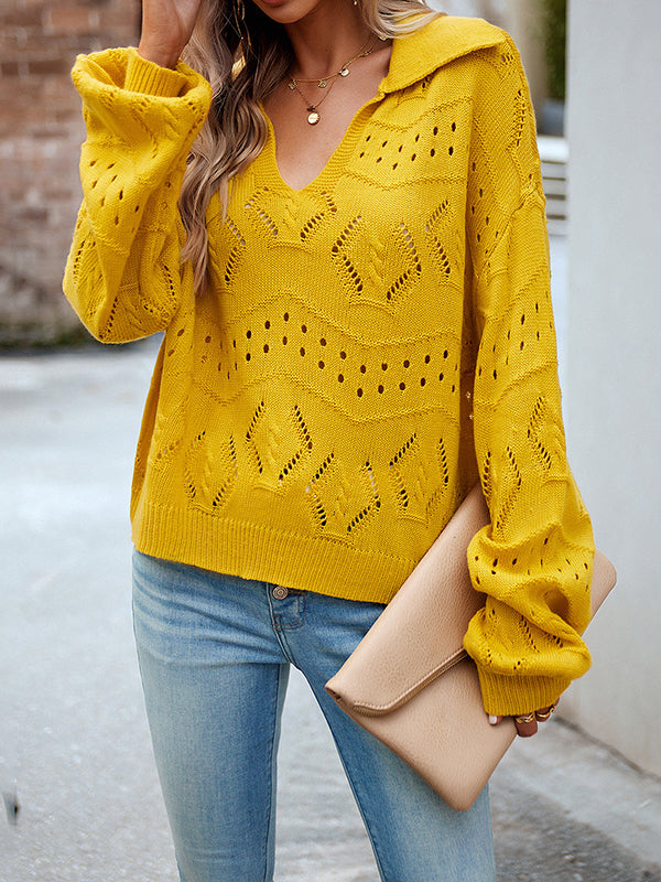 Hollow Solid Color Long Sleeves Loose Lapel Sweater Tops Pullovers