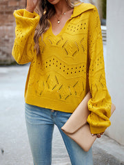 Hollow Solid Color Long Sleeves Loose Lapel Sweater Tops Pullovers