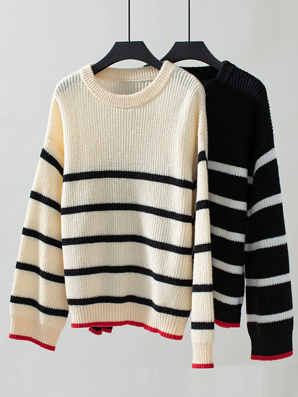 Contrast Color Split-Joint Striped Long Sleeves Loose Round-Neck Sweater Tops Pullovers