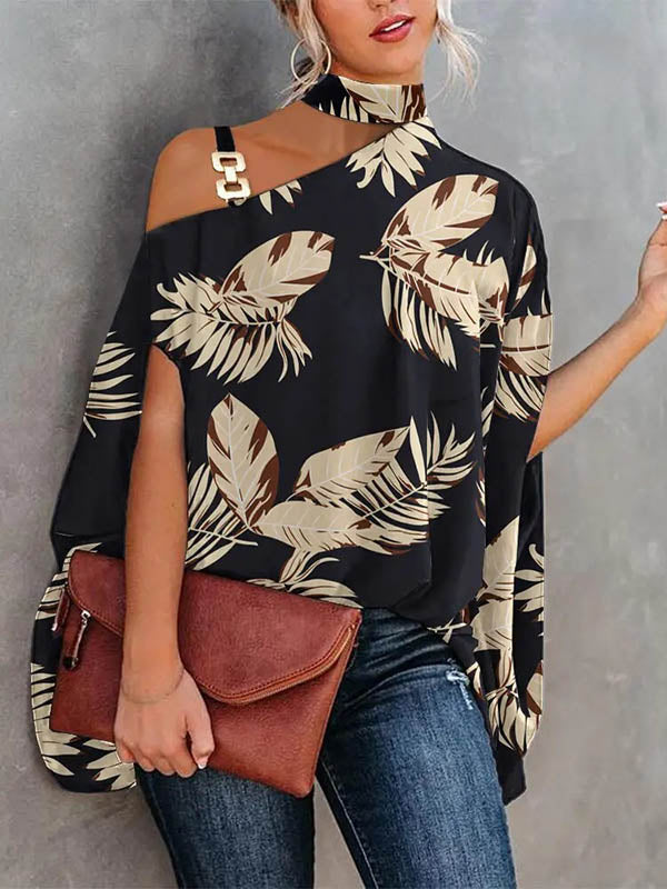 Asymmetric Chains Leaves Print Batwing Sleeves Loose Asymmetric Collar T-Shirts Tops