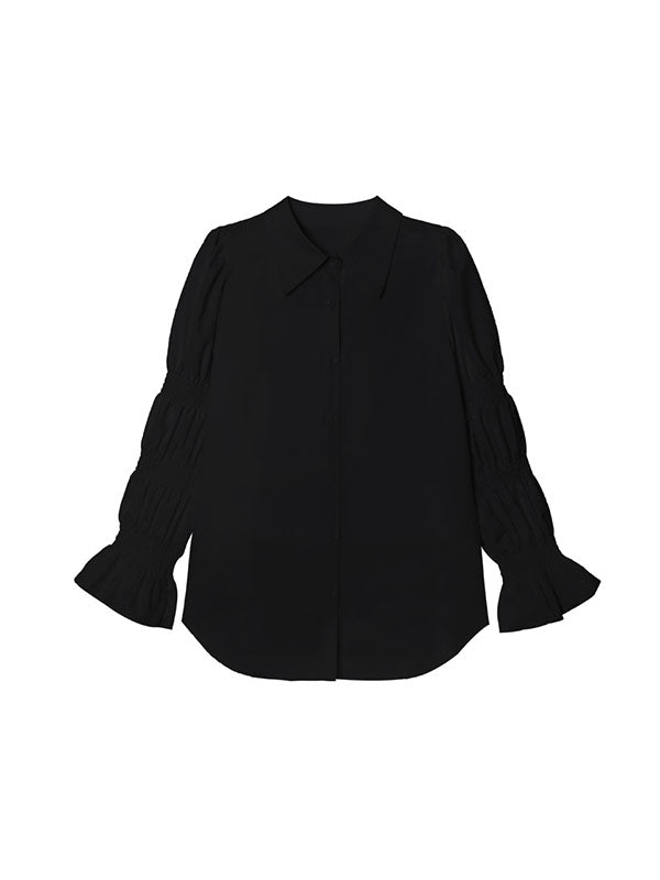 Pleated Solid Color Split-Joint Puff Sleeves Lapel Blouses