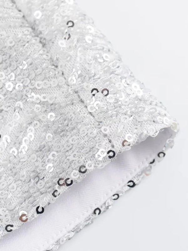 V-Neck Long Sleeves Loose Sequined Shiny Blazers Top + Shorts Bottom Two Pieces Set