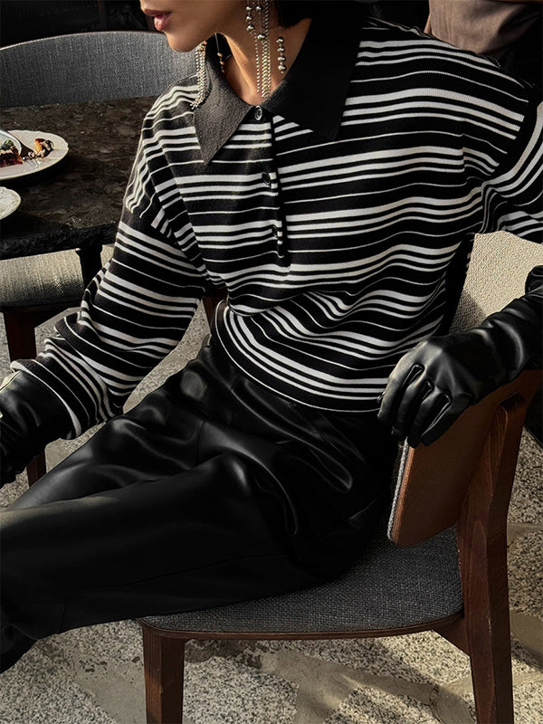 Split-Joint Striped Long Sleeves Lapel Sweater Tops