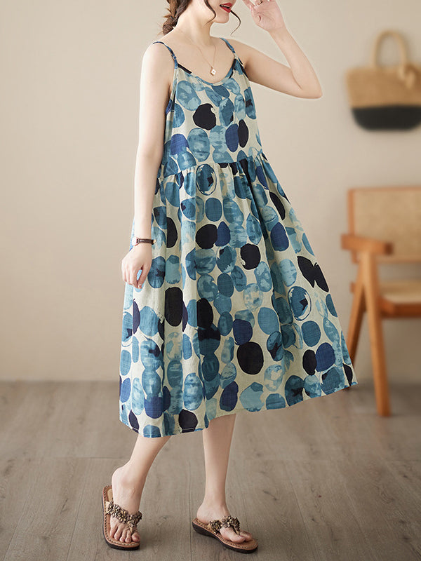 Pleated Printed Split-Joint Loose Sleeveless Spaghetti-Neck Midi Dresses