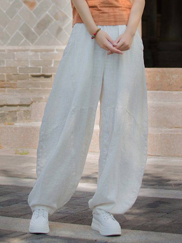 Elasticity Pockets Solid Color Split-Joint Loose Pants Cropped Trousers