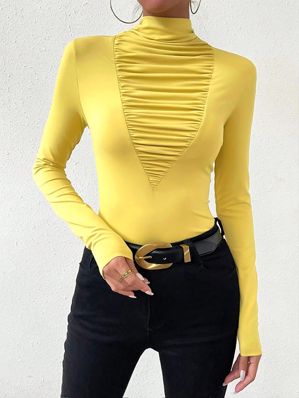 Long Sleeves Skinny Pleated Solid Color Split-Joint High Neck T-Shirts Tops