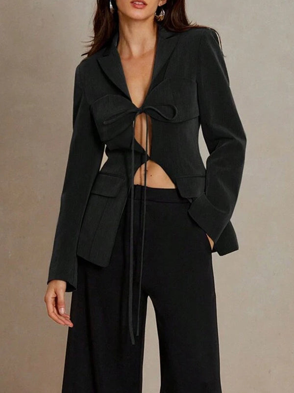Pockets Solid Color Tied Long Sleeves Loose Notched Collar Outerwear Blazer