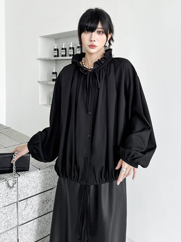 Drawstring Pleated Pullover Design Solid Color Long Sleeves Loose Lace Collar Blouses&Shirts Tops