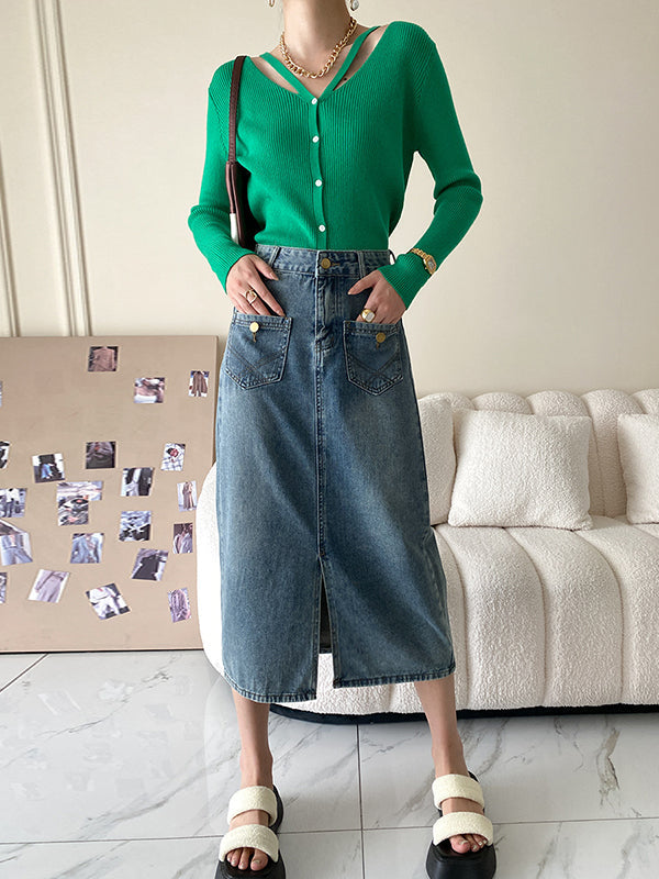 Pockets Split-front Split-Joint A-line Denim Skirts Bottoms