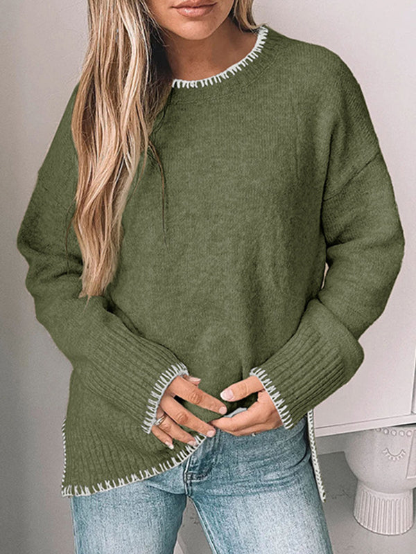 Split-Joint Split-Side High-Low Long Sleeves Round-Neck Sweater Tops Pullovers