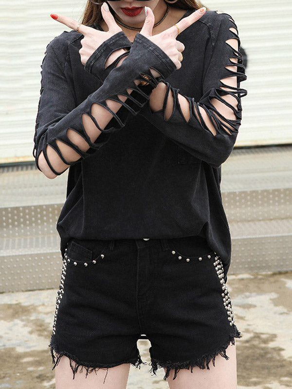 Hollow Solid Color Split-Joint Long Sleeves Loose Round-neck T-shirts