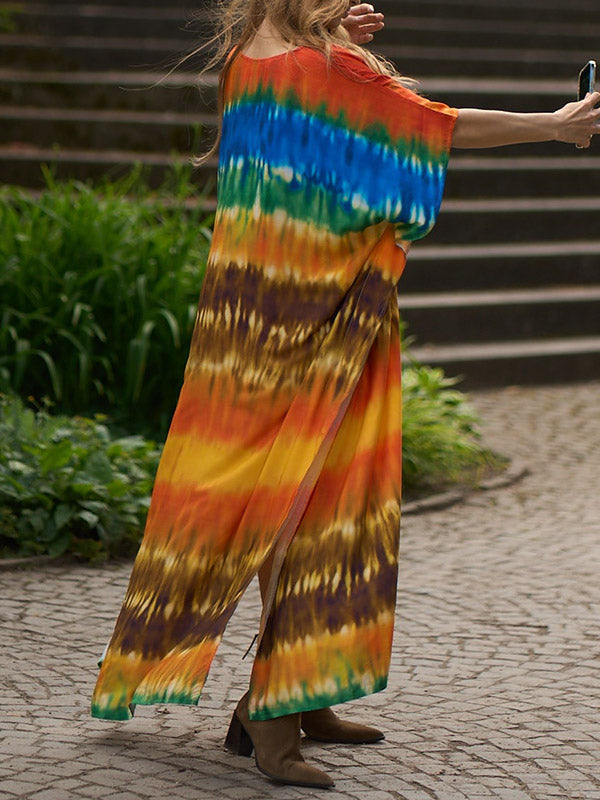 Split-Side Tie-Dyed Batwing Sleeves Loose V-Neck Maxi Dresses Beach Cover-Up