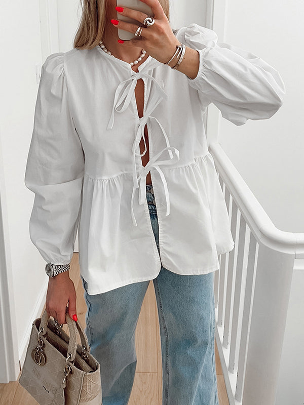 Elasticity Solid Color Split-Joint Tied Long Sleeves Loose Round-Neck Blouses&Shirts Tops