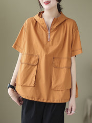 Zipper Loose Short Sleeves Hooded T-Shirts Tops