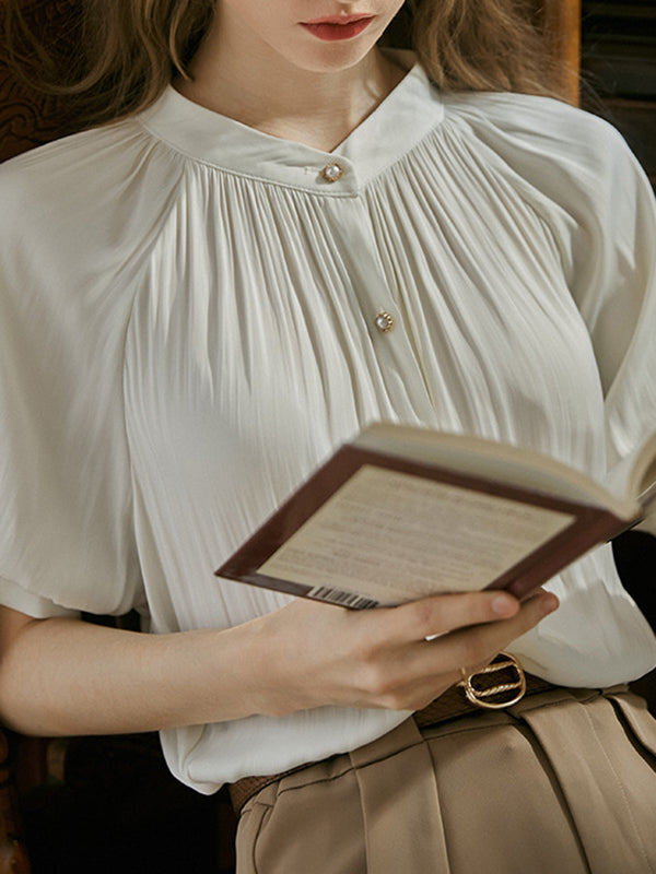 Buttoned Pleated Loose Puff Sleeves Round-neck Blouses&shirts Tops