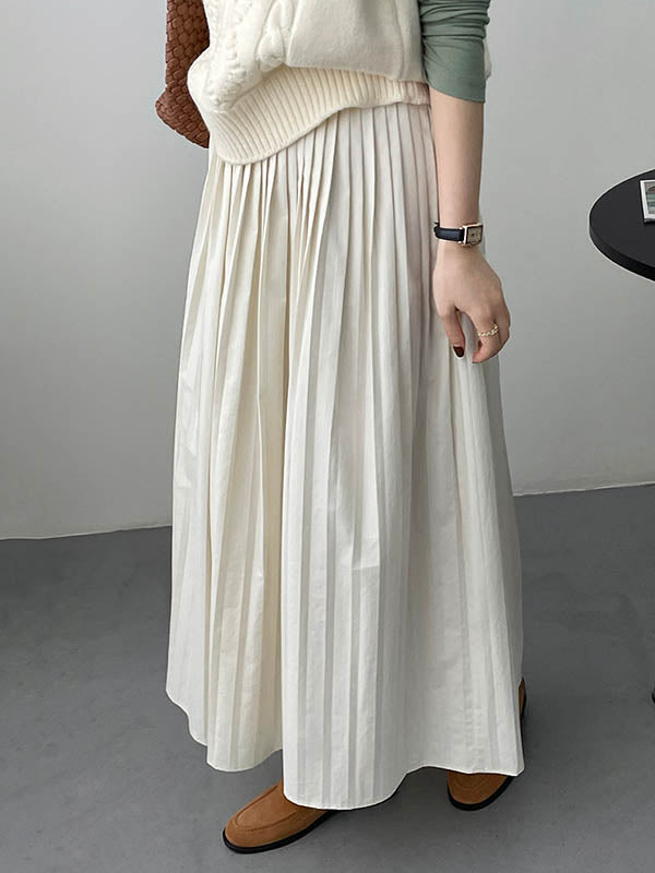 Elasticity Pleated Solid Color A-Line High Waisted Skirts