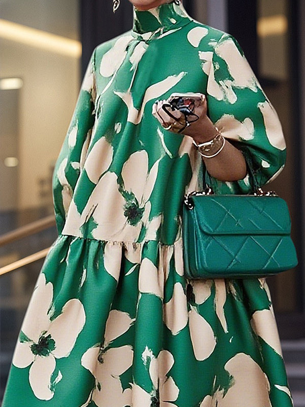 Flower Print Half Sleeves Loose High Neck Midi Dresses
