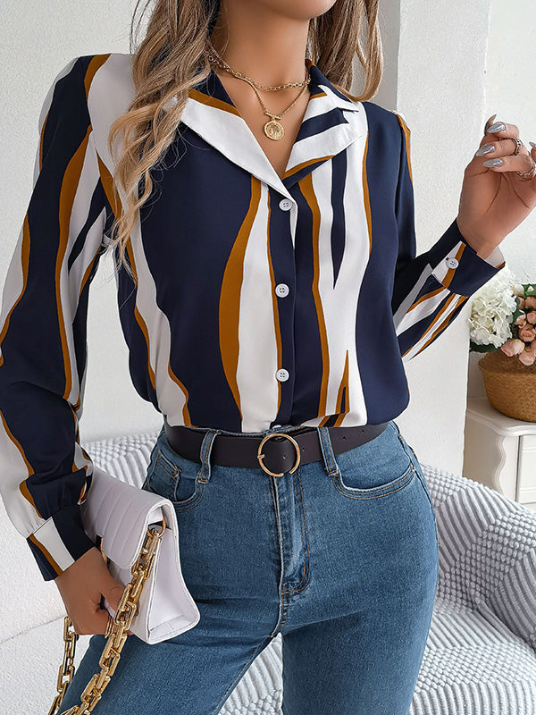 Buttoned Contrast Color Printed Long Sleeves Loose Notched Collar Blouses&Shirts Tops
