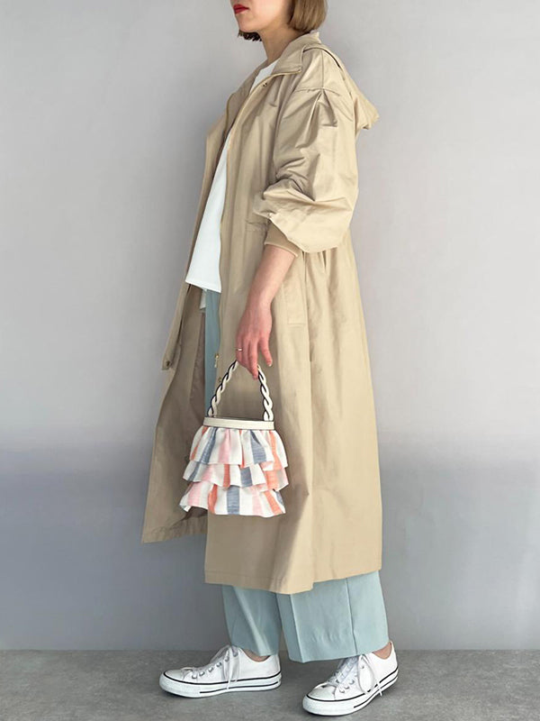 Loose Long Sleeves Drawstring Solid Color Zipper Hooded Trench Coats Outerwear