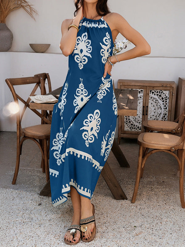 Contrast Color A-line Loose Halter-Neck Maxi Dresses
