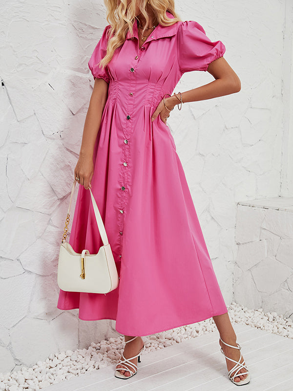 Pleated Split-Joint Loose Puff Sleeves Lapel Shirt Dress Maxi Dresses