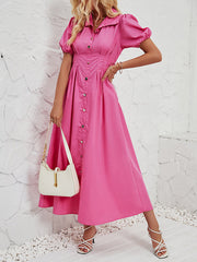 Pleated Split-Joint Loose Puff Sleeves Lapel Shirt Dress Maxi Dresses