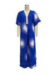 Printed Split-Side Half Sleeves Collarless Outerwear Top + High Waisted Pants Bottom Two Pieces Set