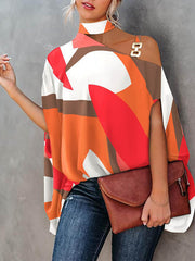 Asymmetric Chains Hollow Printed Batwing Sleeves Loose Asymmetric Collar T-Shirts Tops