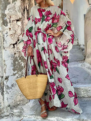 Flower Print Split-Joint Split-side Tied Waist Batwing Sleeves Long Sleeves Round-neck Maxi Dresses