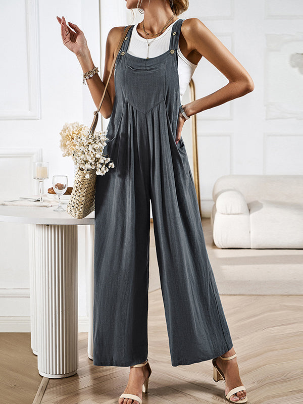 Pleated Pockets Split-Joint Loose Sleeveless Spaghetti-Neck Overalls