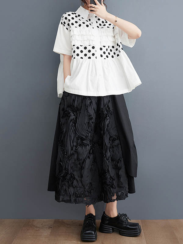 Contrast Color Pleated Polka-Dot Split-Joint Loose Short Sleeves Lapel Blouses
