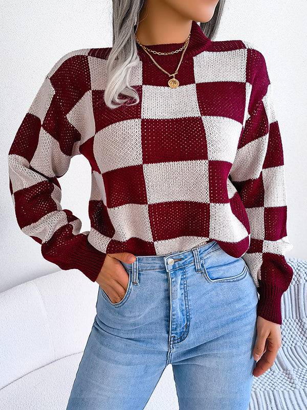 Contrast Color Plaid Long Sleeves Loose Round-Neck Sweater Tops
