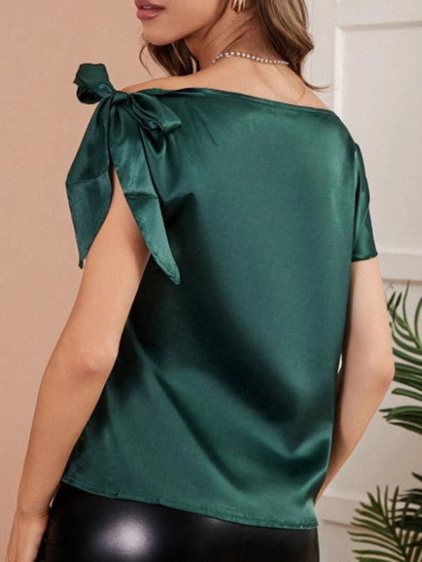 Bowknot Solid Color Loose Sleeveless One-shoulder T-Shirts Tops
