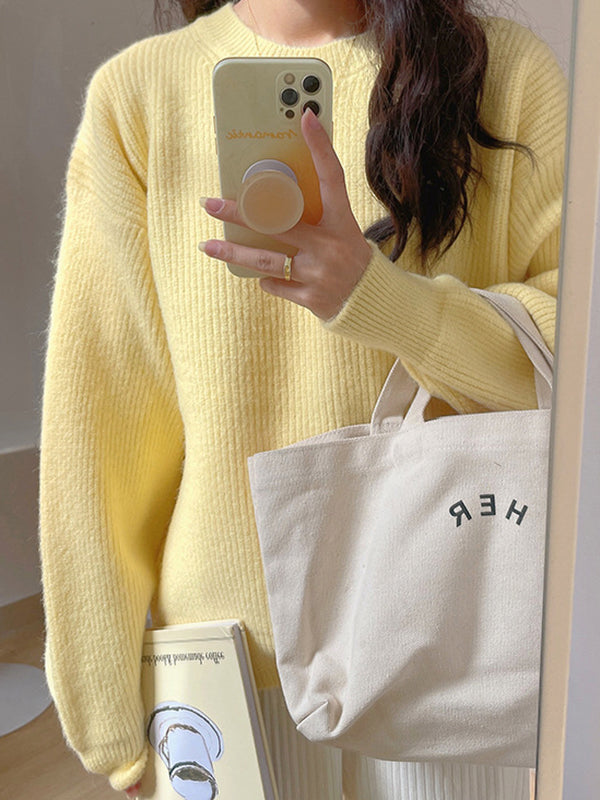 Solid Color Long Sleeves Loose Round-Neck Sweater Tops Pullovers