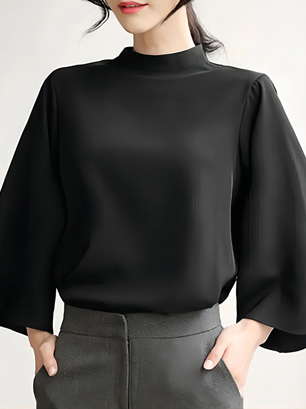 Solid Color Flared Sleeves Loose Stand Collar T-Shirts Tops