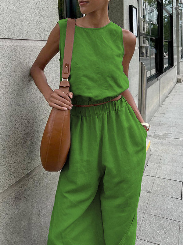 Loose Elasticity Solid Color Split-Joint Round-neck Vest + High Waisted Split-side Pants Two Pieces Set