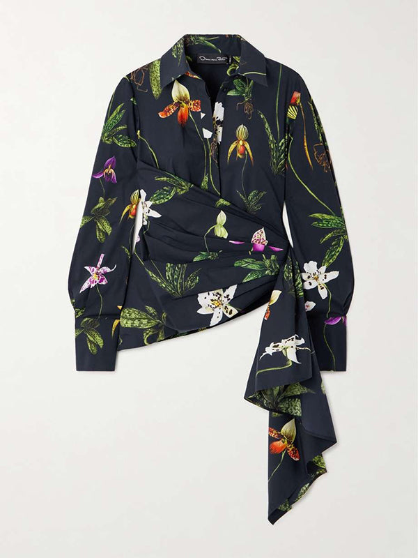 Asymmetric Flower Print Split-Joint Long Sleeves Loose Lapel Blouses&shirts Tops