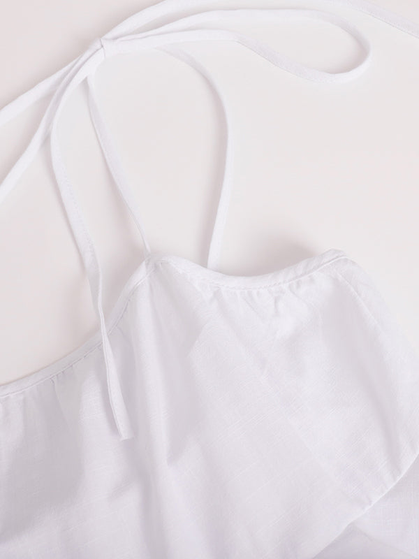 Backless Layered Pleated Solid Color A-Line High Waisted Spaghetti-Neck Mini Dresses