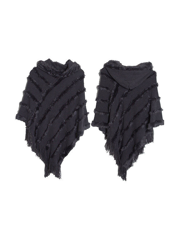 Hooded Keep Warm Solid Color Tasseled Shawl&Cloak Cape